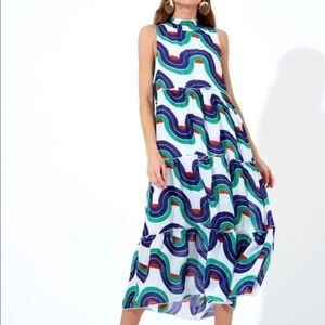 Oliphant Sleeveless Wave Print Maxi Dress in White, Blue & Green